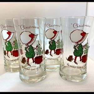 Vintage COCA-COLA Holly Hobbie Christmas 16Oz Tumbler Glasses Set Of 4 - EUC!!